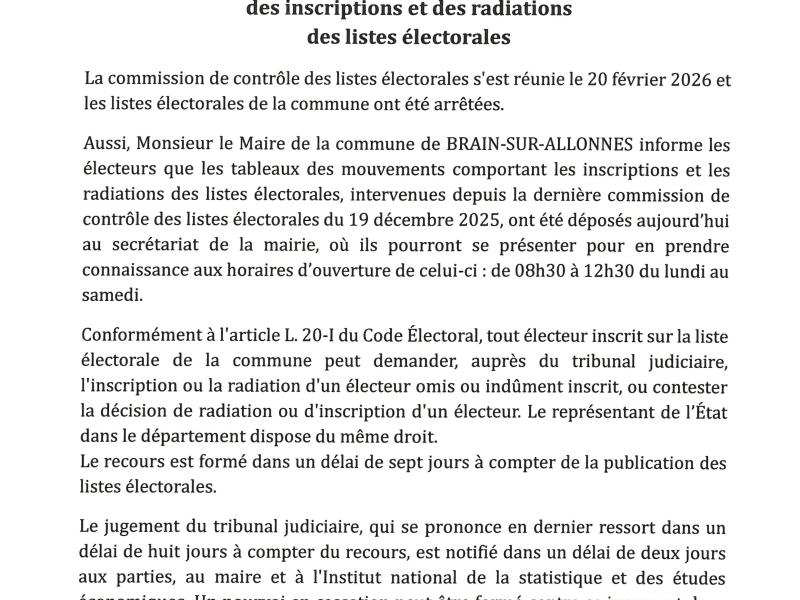 Dépôt des tableaux des inscriptions et des radiations des listes électorales
